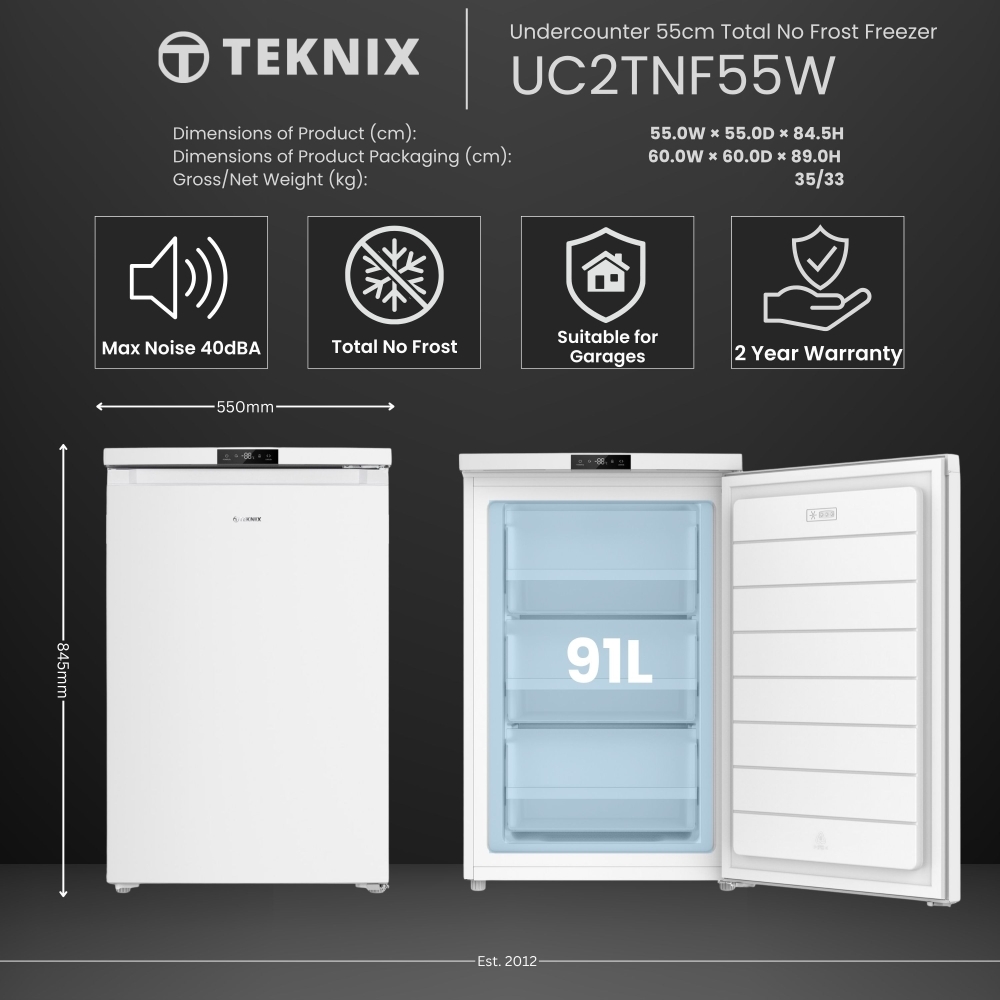 Teknix UC2TNF55FW Frost Free Under Counter Freezer, White, D Rated