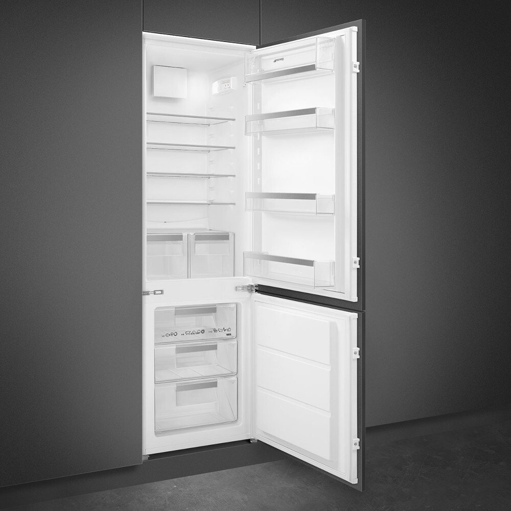 Smeg UKC81721E Static Integrated Fridge Freezer, Sliding Hinge, 70/30, Silver, E Rated