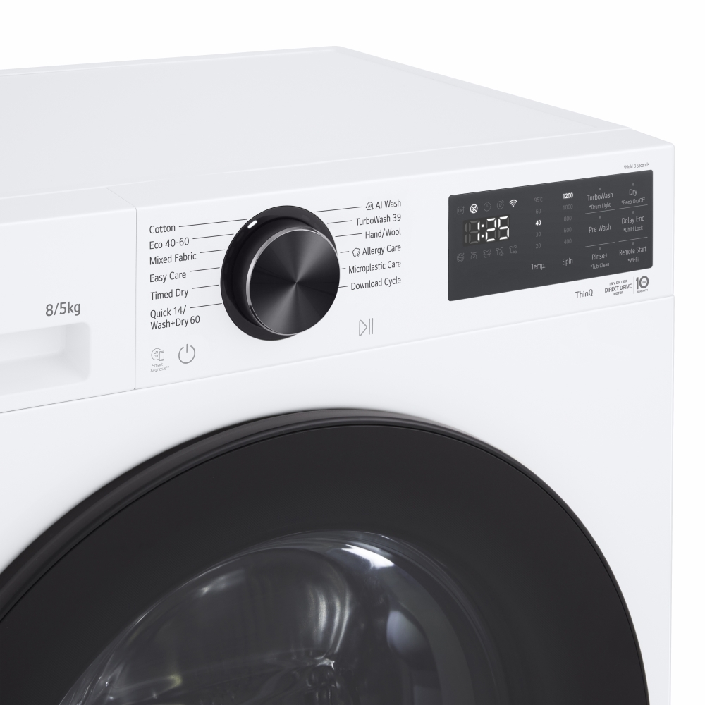 LG W2X5085TLB Series 3 AI Direct Drive&trade; Washer Dryer, 8kg/5kg, 1200 Spin, White, E Rated