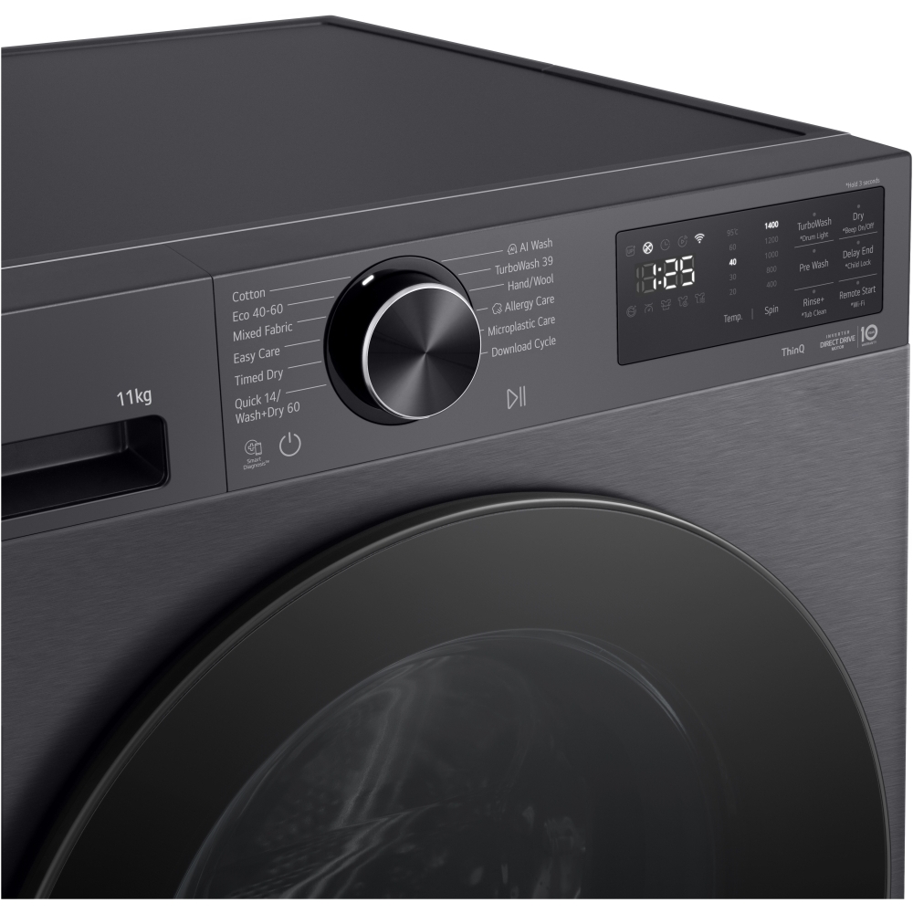 LG W4X5016TBB Series 5 AI Direct Drive&trade; Washer Dryer, 11kg/6kg, 1400 Spin, Black, D Rated