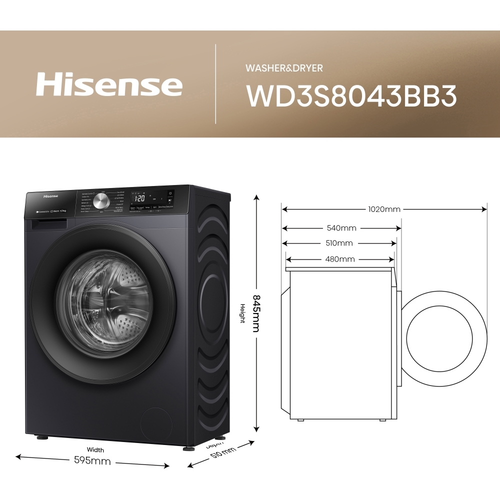 Hisense WD3S8043BB3 Washer Dryer, 8kg/5kg, 1400 Spin, Black, D Rated