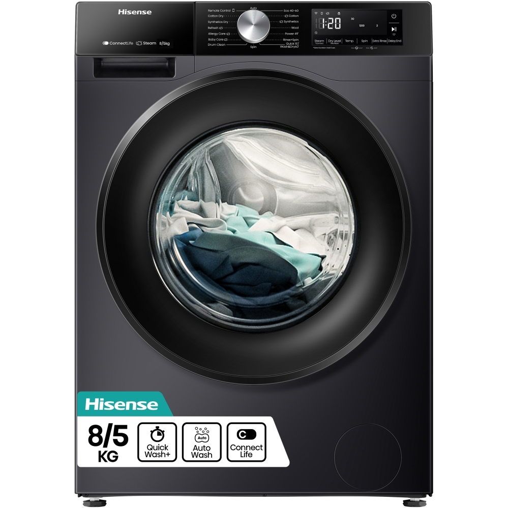 Hisense WD3S8043BB3 Washer Dryer, 8kg/5kg, 1400 Spin, Black, D Rated