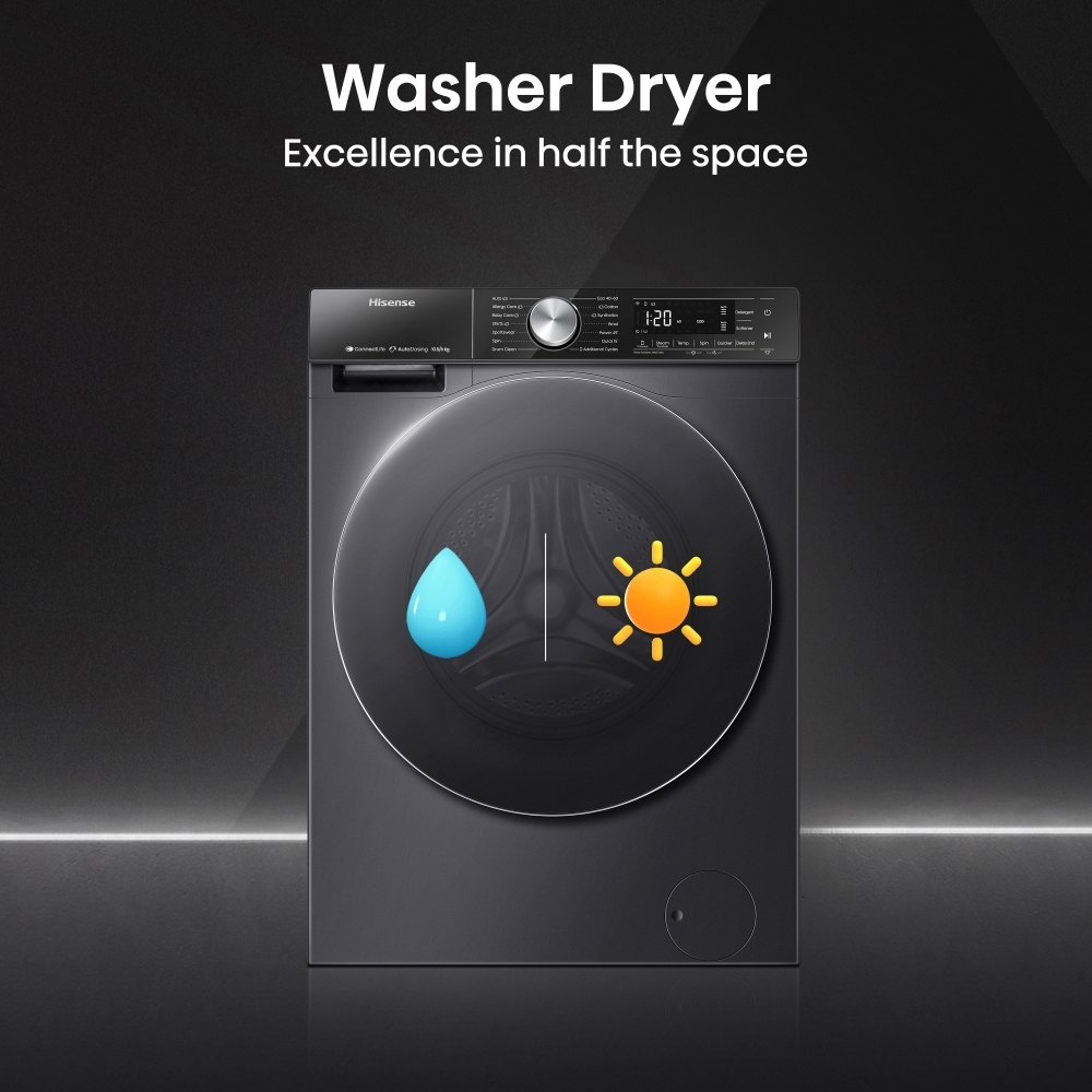 Hisense WD5S1045BB Washer Dryer, 10.5kg/6kg, 1400 Spin, Black, D Rated