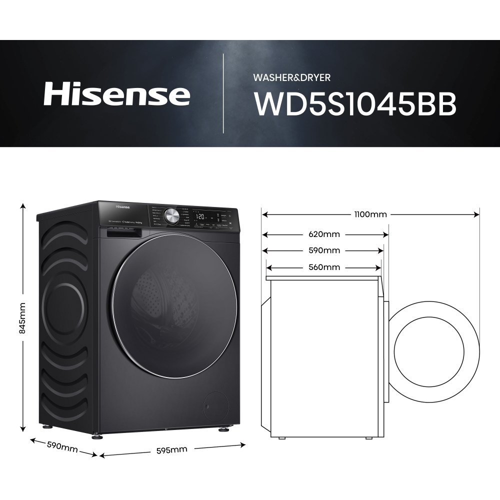 Hisense WD5S1045BB Washer Dryer, 10.5kg/6kg, 1400 Spin, Black, D Rated