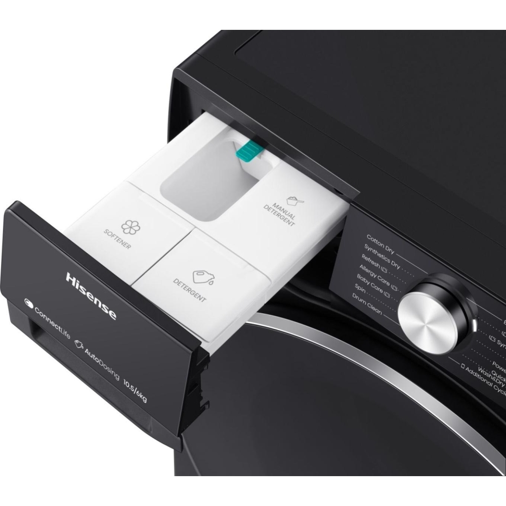 Hisense WD5S1045BB Washer Dryer, 10.5kg/6kg, 1400 Spin, Black, D Rated