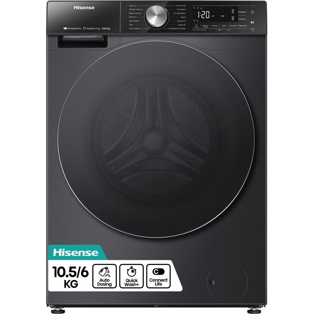 Hisense WD5S1045BB Washer Dryer, 10.5kg/6kg, 1400 Spin, Black, D Rated
