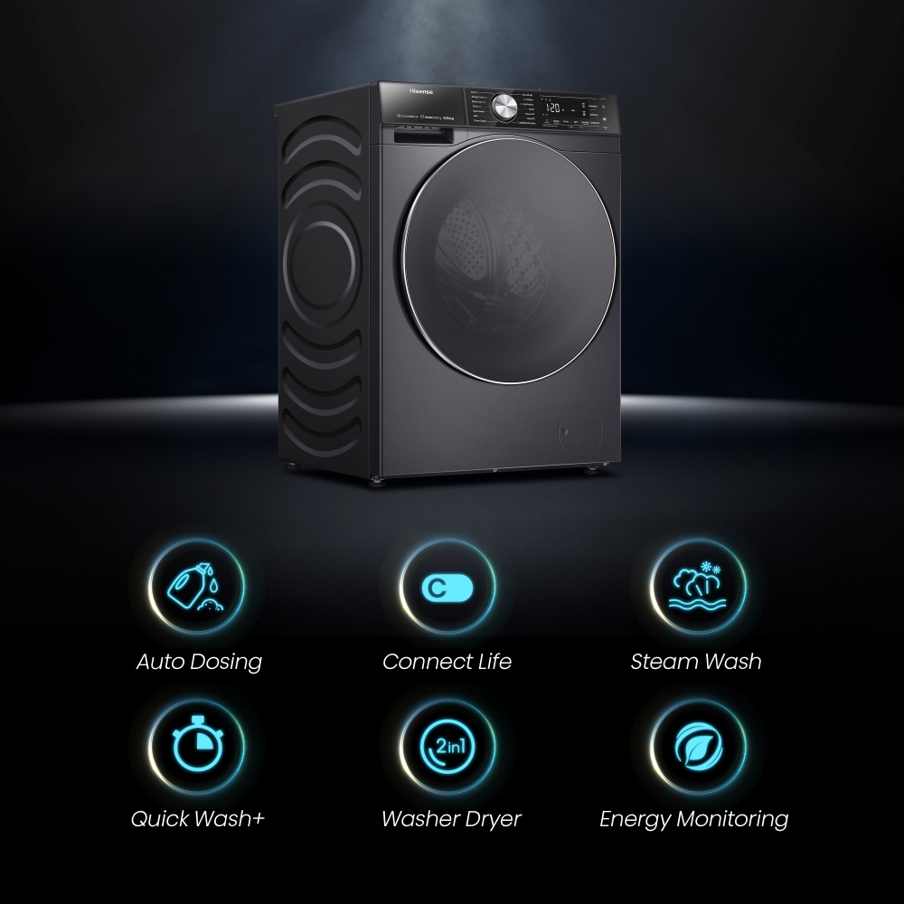 Hisense WD5S1045BB Washer Dryer, 10.5kg/6kg, 1400 Spin, Black, D Rated