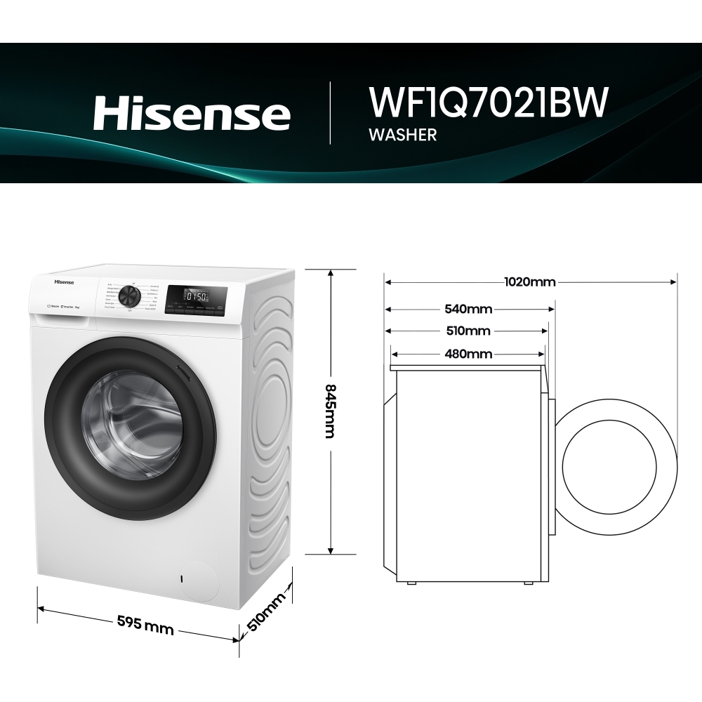 Hisense WF1Q7021BW Washing Machine, 7kg, 1200 Spin, White, A Rated