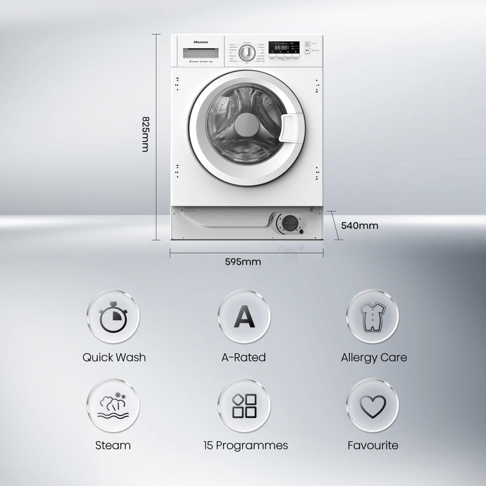 Hisense WF3M841BWI Integrated Washing Machine, 8kg, 1400 Spin, White, A Rated
