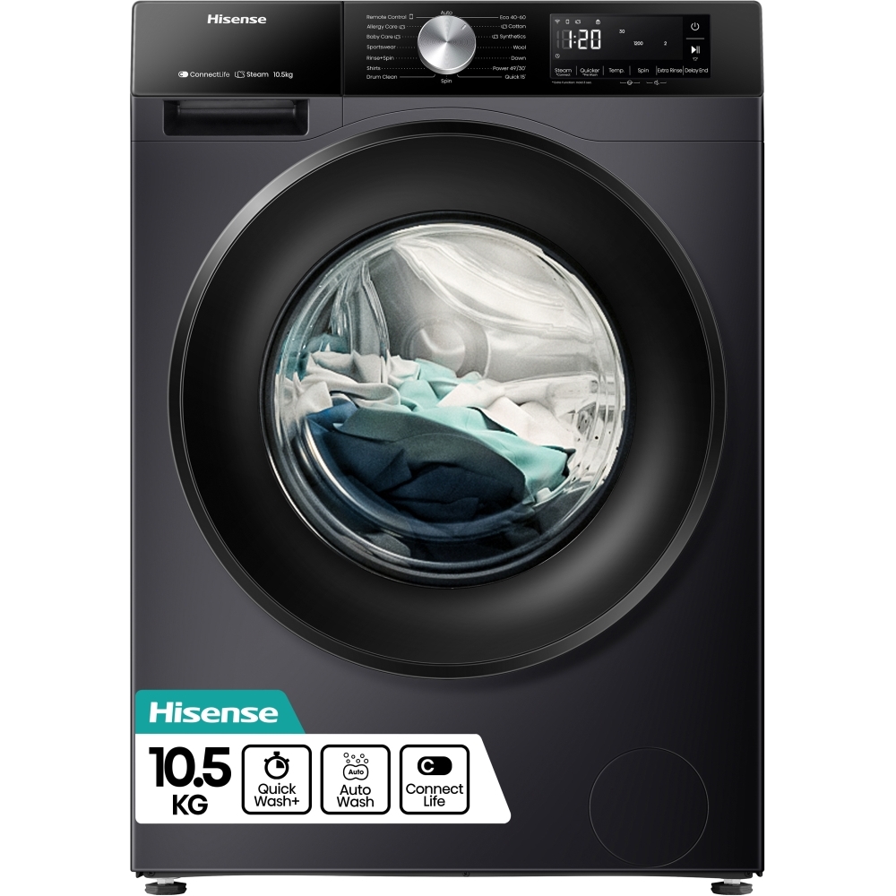 Hisense WF3S1043BB3 Washing Machine, 10.5kg, 1400 Spin, Black, A Rated