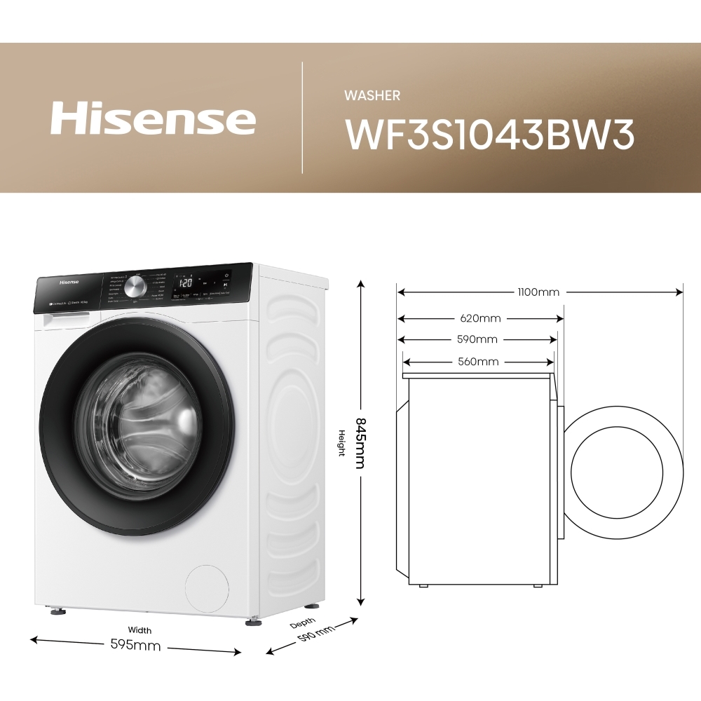 Hisense WF3S1043BW3 Washing Machine, 10.5kg, 1400 Spin, White, A Rated