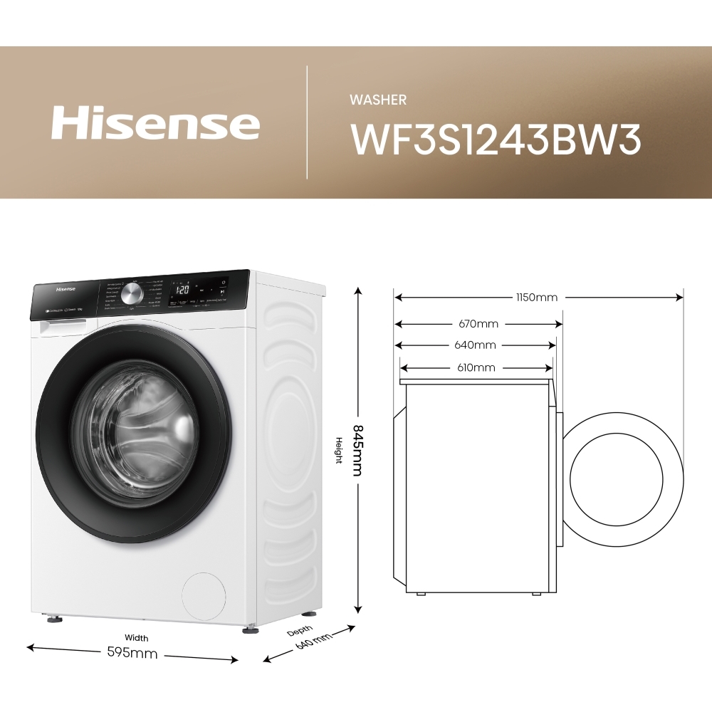 Hisense WF3S1243BW3 Washing Machine, 12kg, 1400 Spin, White, A Rated