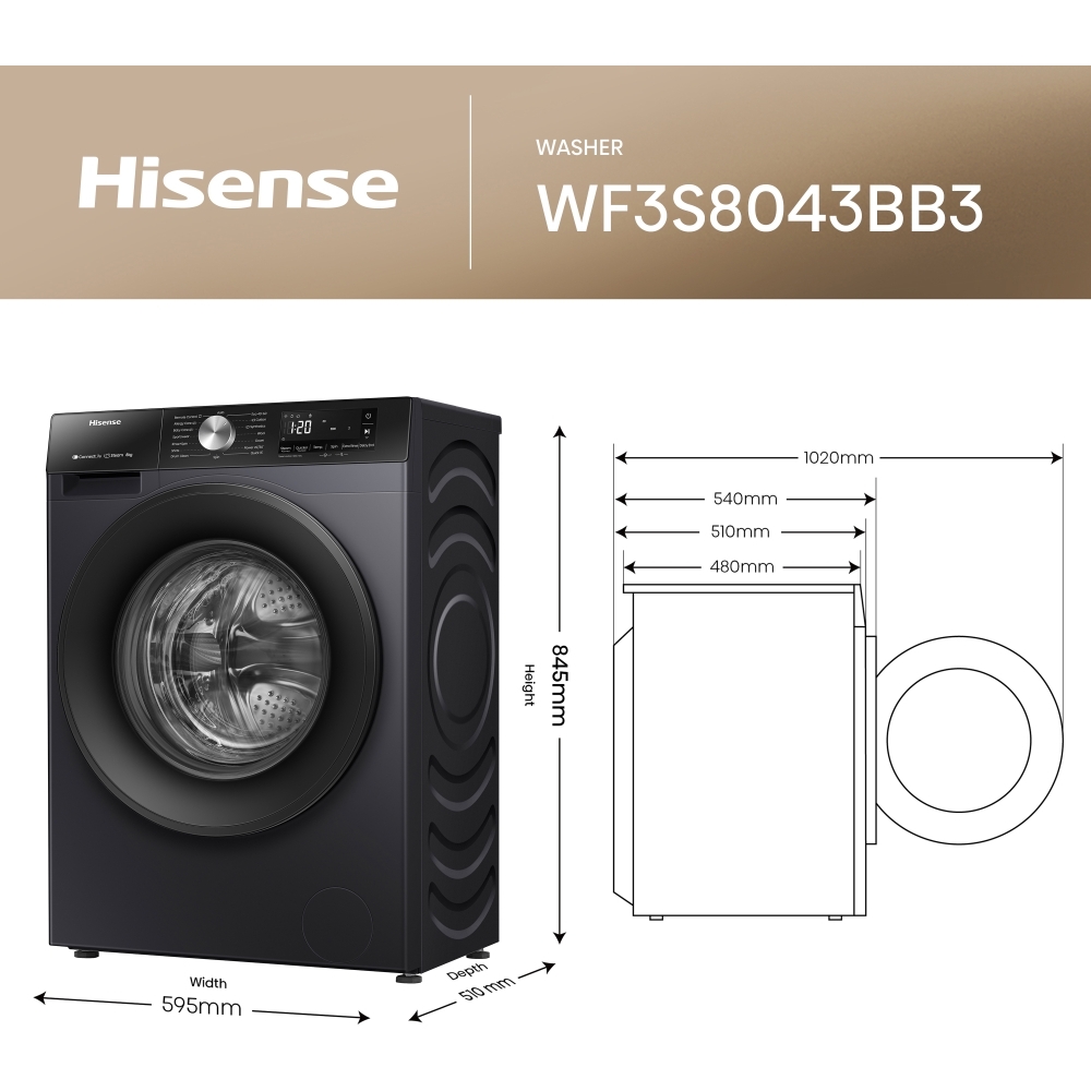 Hisense WF3S8043BB3 Washing Machine, 8kg, 1400 Spin, Black, A Rated