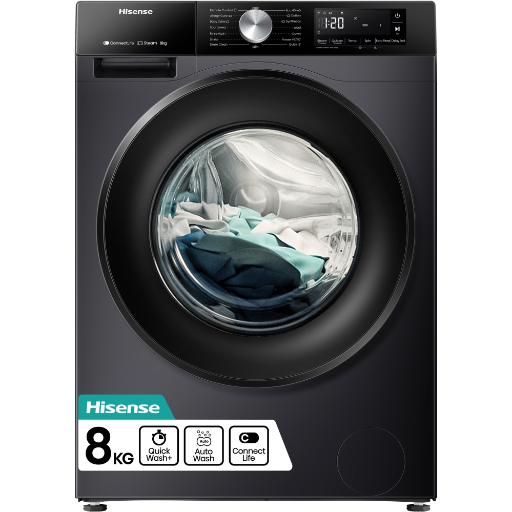 Hisense WF3S8043BB3 Washing Machine, 8kg, 1400 Spin, Black, A Rated