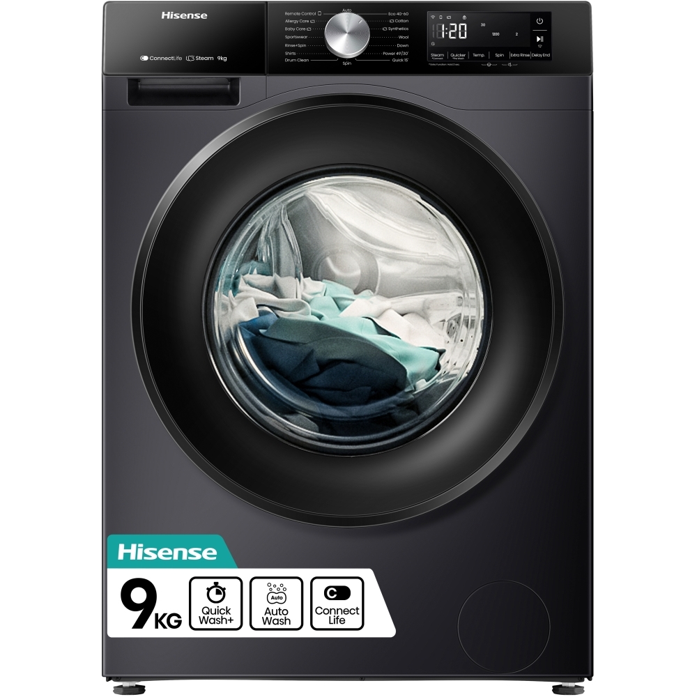 Hisense WF3S9043BB3 Washing Machine, 9kg, 1400 Spin, Black, A Rated