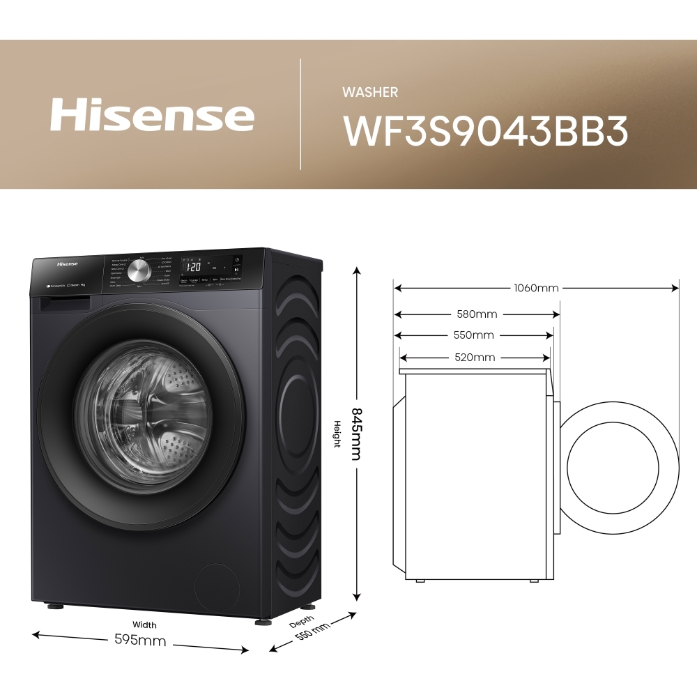 Hisense WF3S9043BB3 Washing Machine, 9kg, 1400 Spin, Black, A Rated