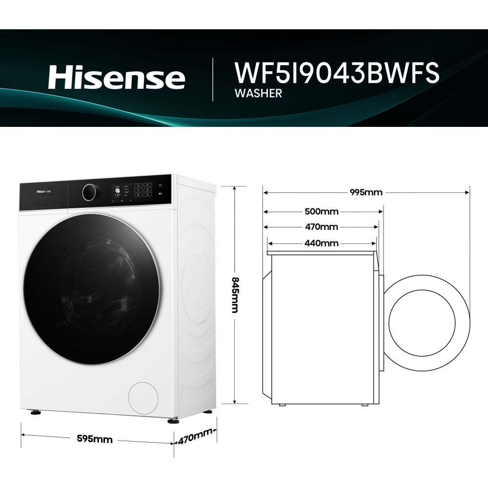 Hisense WF5I9043BWFS Washing Machine, 9kg, 1300 Spin, White, A Rated