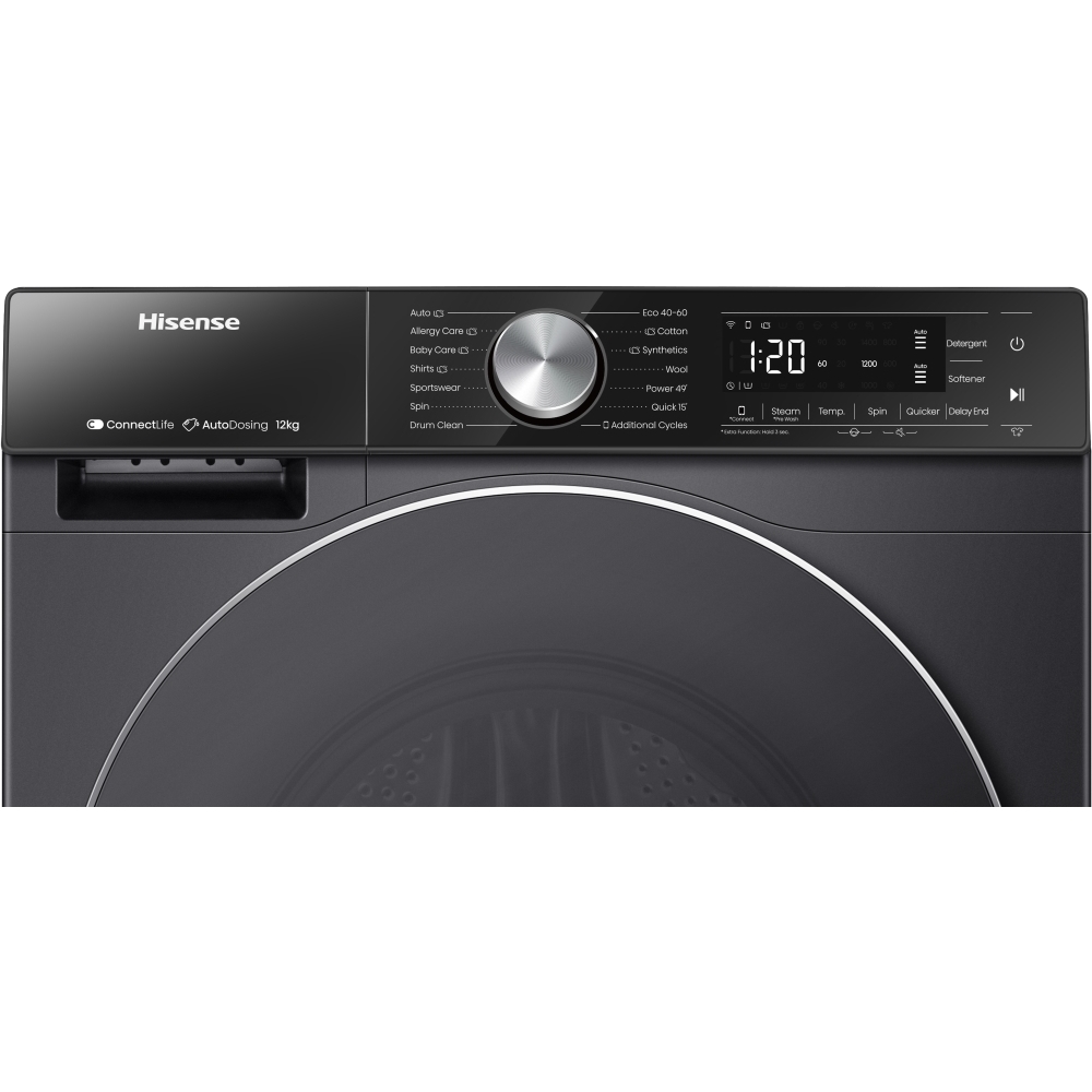 Hisense WF5S1245BB 5S Series Washing Machine, 12kg, 1400 Spin, Black, A Rated