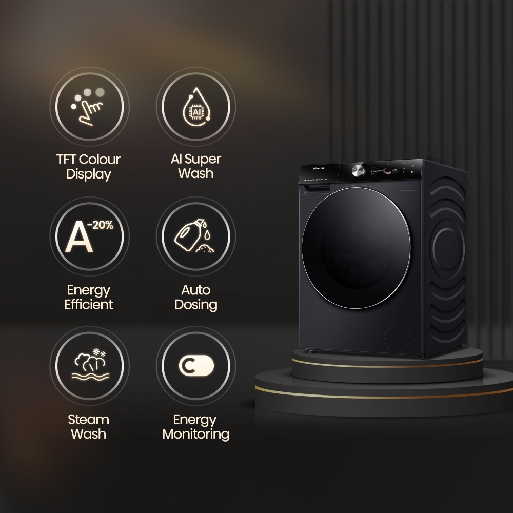 Hisense WF7S1247BB Washing Machine, 12kg, 1400 Spin, Black, A Rated