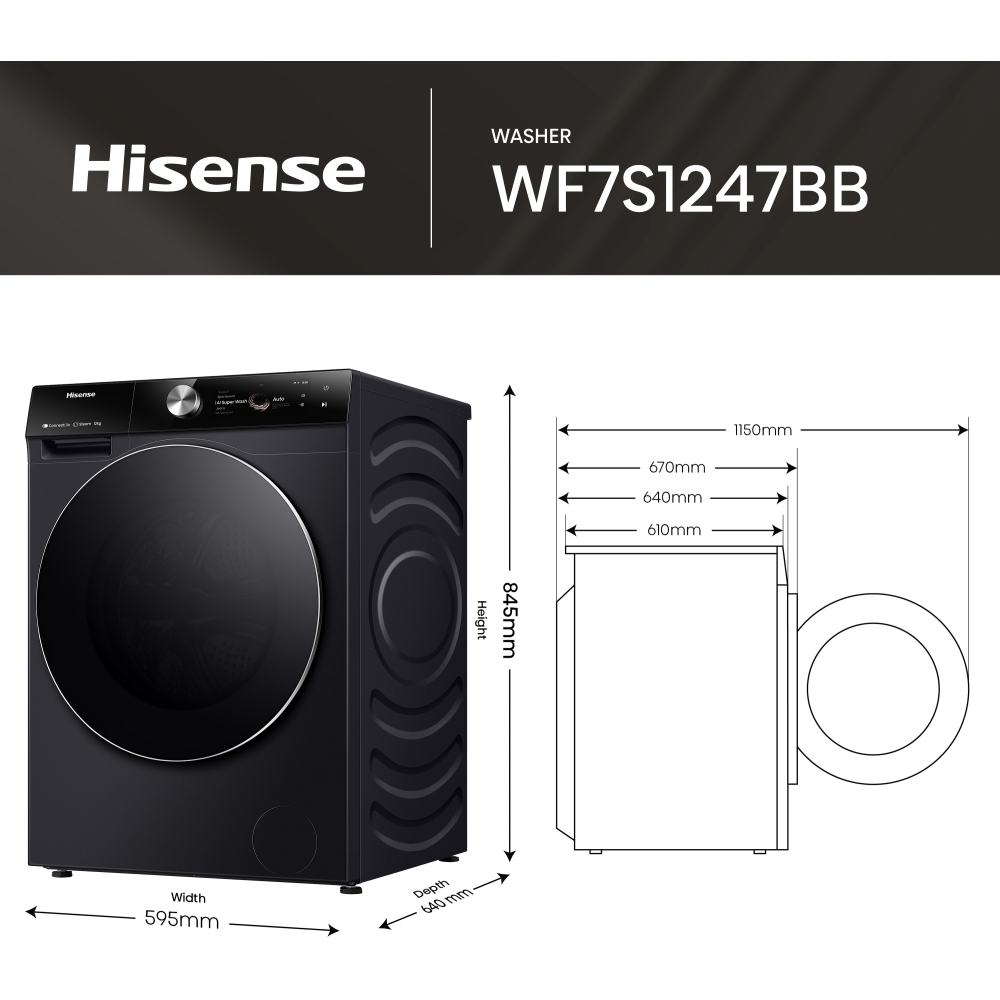 Hisense WF7S1247BB Washing Machine, 12kg, 1400 Spin, Black, A Rated