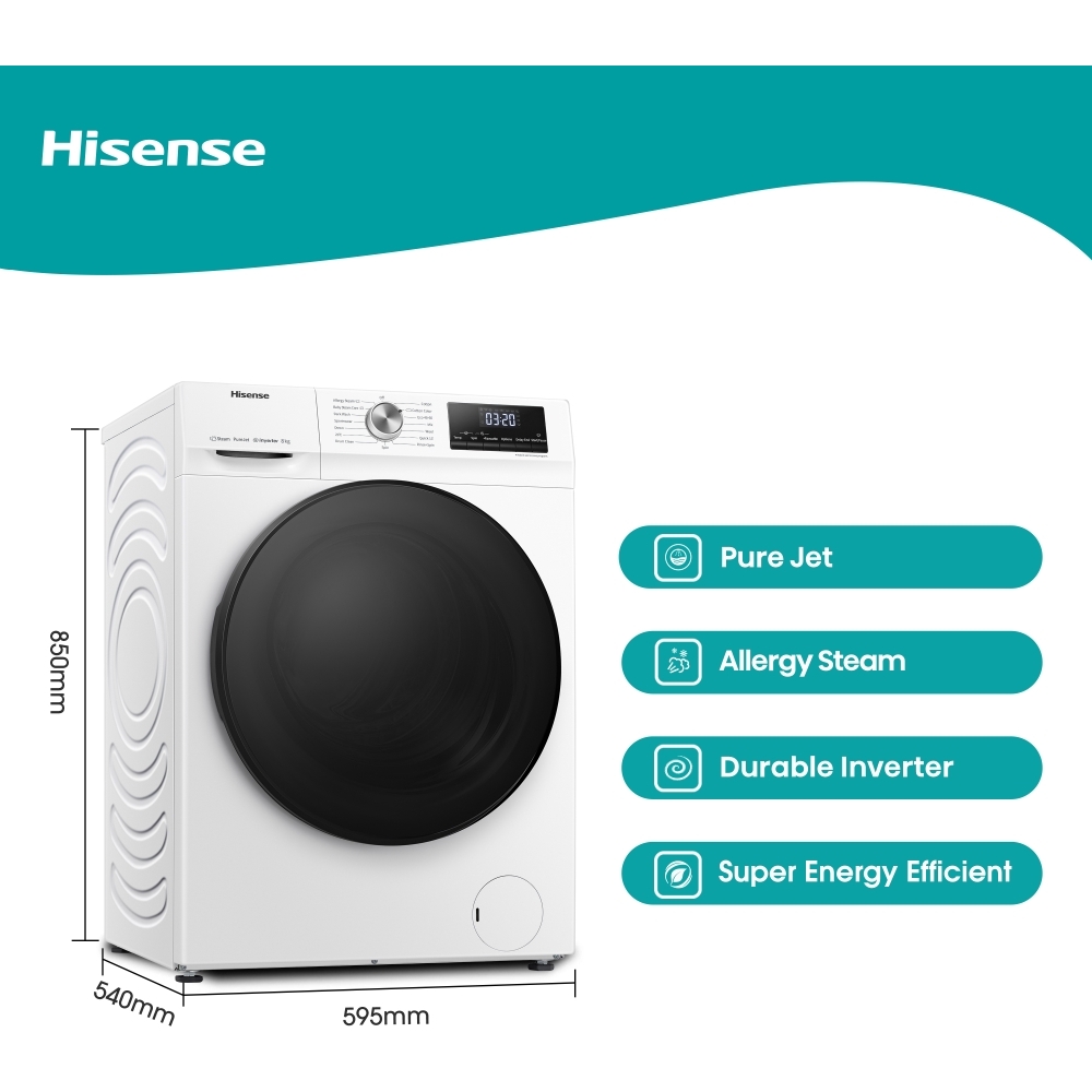 Hisense WFQA8014EVJM 3 Series Washing Machine, 8kg, 1400 Spin, White, A