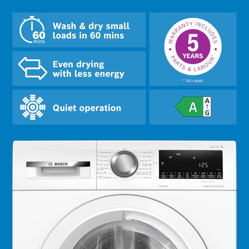 Bosch WNA144V9GB Series 4 Washer Dryer, 9kg/5kg, 1400 Spin, White, E Rated