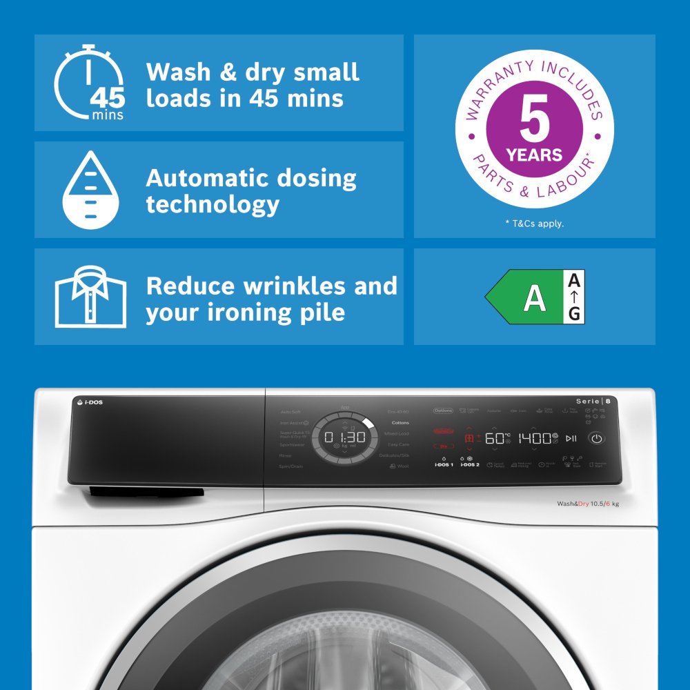 Bosch WNC25410GB Series 8 i-Dos Washer Dryer, 10kg/6kg, 1400 Spin, White, D Rated