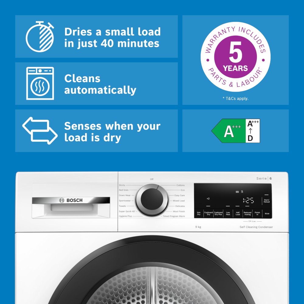 Bosch WQG24502GB Series 6 Heat Pump Tumble Dryer, 9kg, White, A+++ Rated