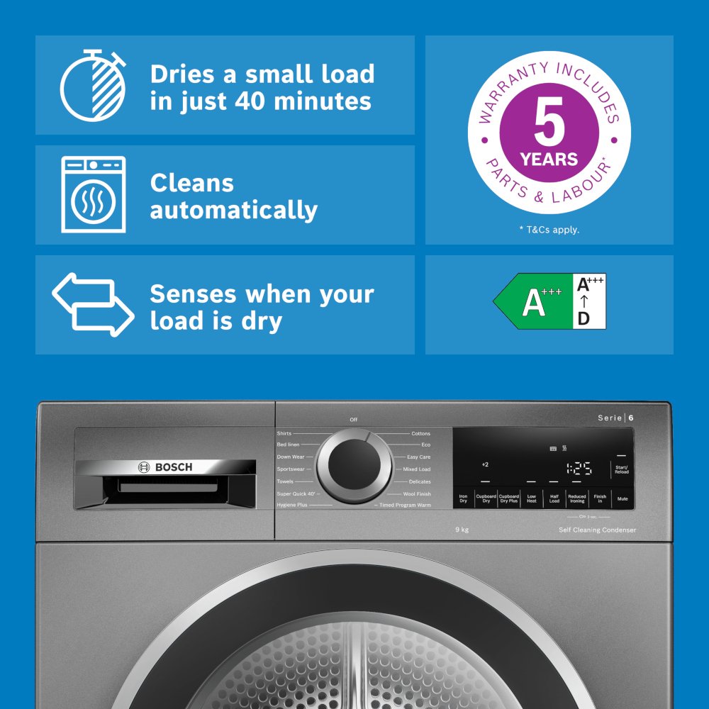 Bosch WQG245R2GB Series 6 Heat Pump Tumble Dryer, 9kg, Grey, A+++ Rated
