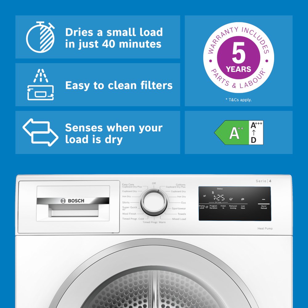 Bosch WTH85226GB Series 4 Heat Pump Tumble Dryer, 8kg, White, A++ Rated