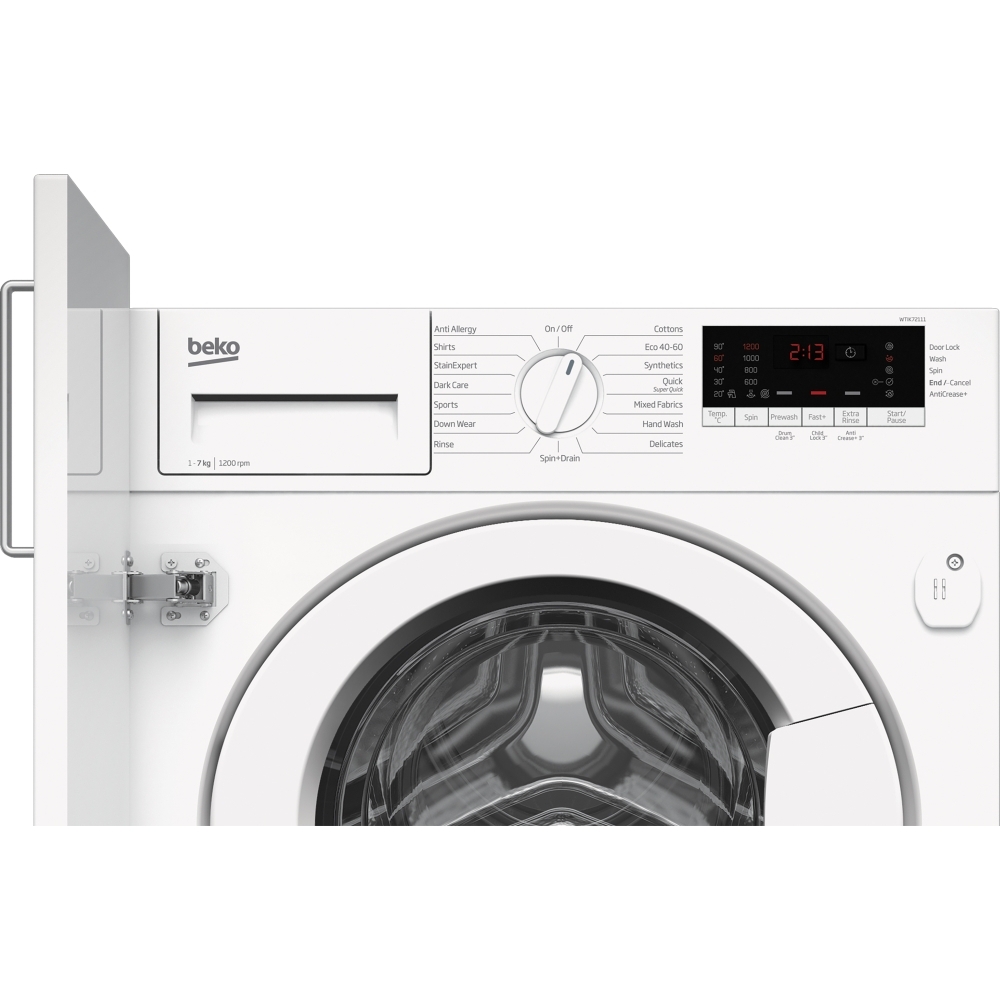 Beko WTIK72111 Integrated Washing Machine, 7kg, 1200 Spin, White, C Rated