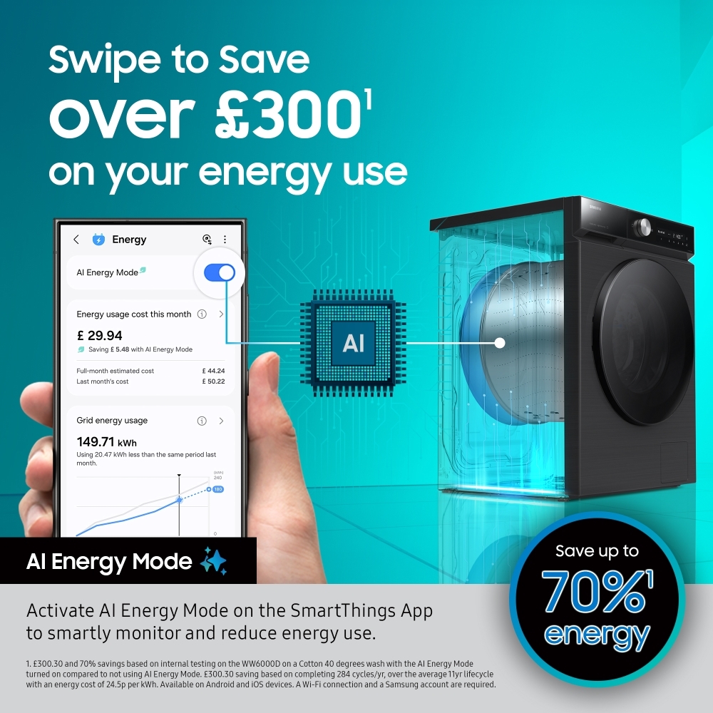 Samsung WW11DG6B85LBU1 Series 6 AI Energy  Washing Machine, 11kg, 1400 Spin, Black, A Rated