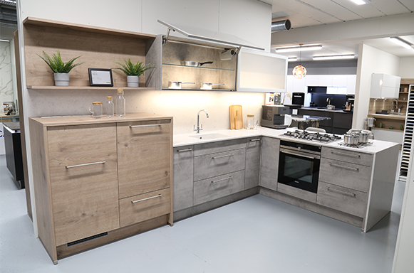 Concrete and Bough Oak with Lagoon worktop, integrity sink and lift-up cupboard door Concrete and Bough Oak with Lagoon worktop, integrity sink and lift-up cupboard door