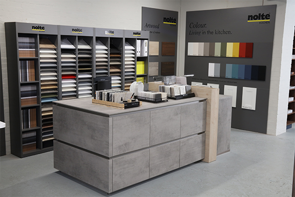 Our door and worktop library display on Handless Concrete island with 12mm Concrete Laminate worktop Our door and worktop library display on Handless Concrete island with 12mm Concrete Laminate worktop