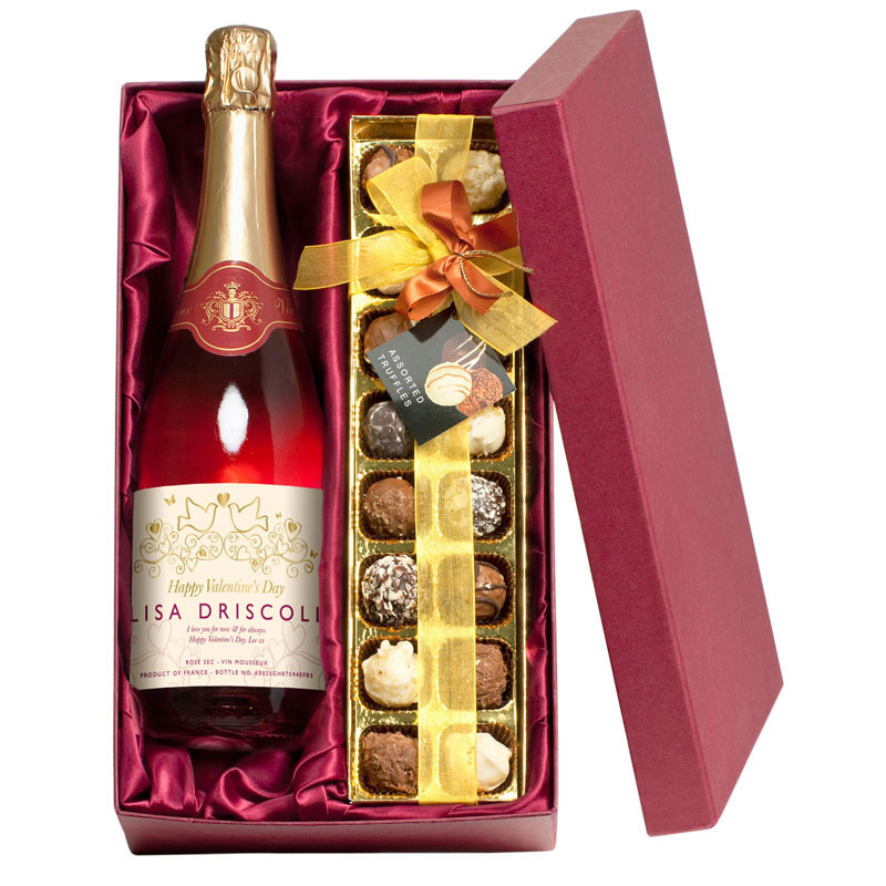 Personalised Valentines Sparkling Rose Wine with Chocolates