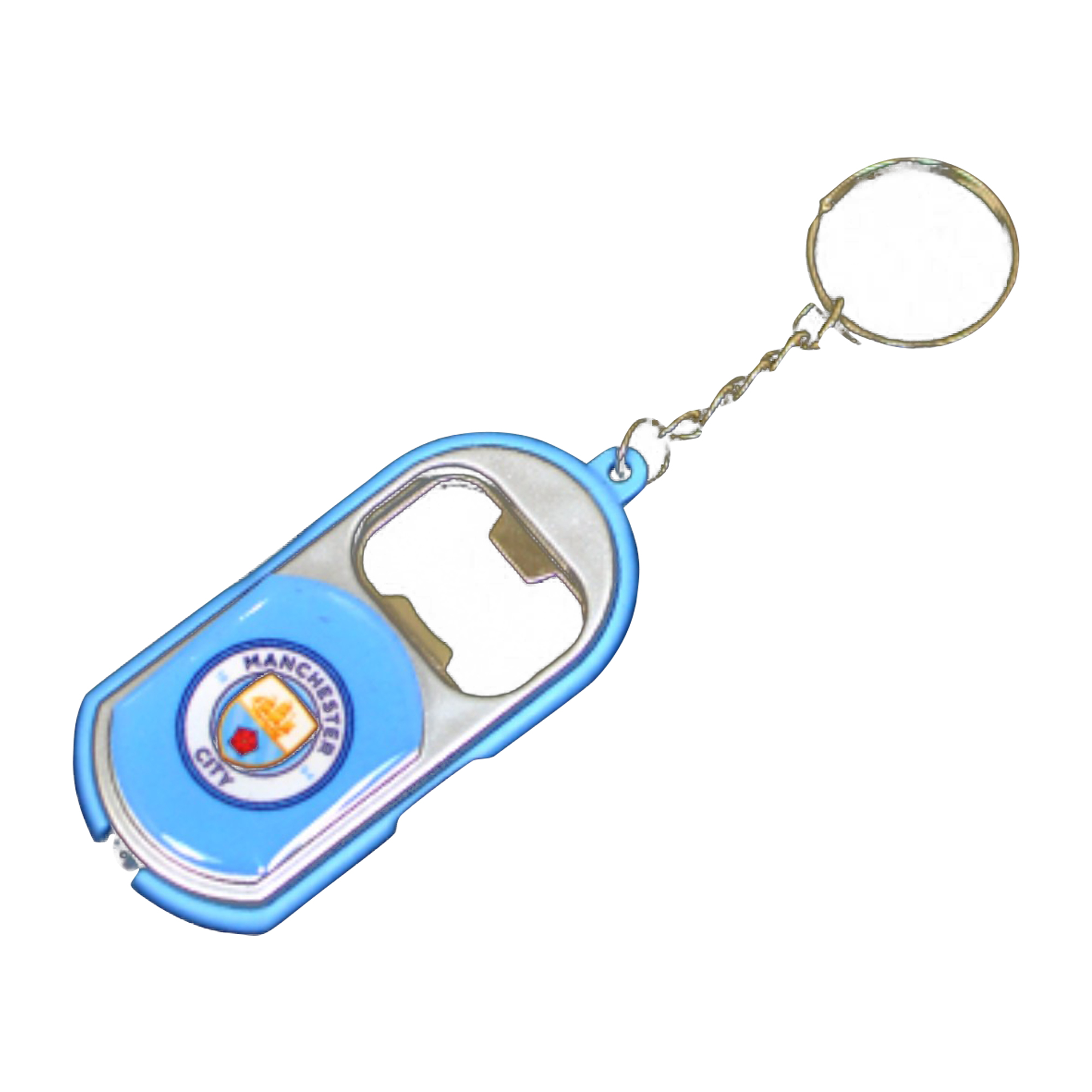 Manchester City FC Official Crest Design Bottle Opener Keyring With Torch (One Size) (Sky Blue)