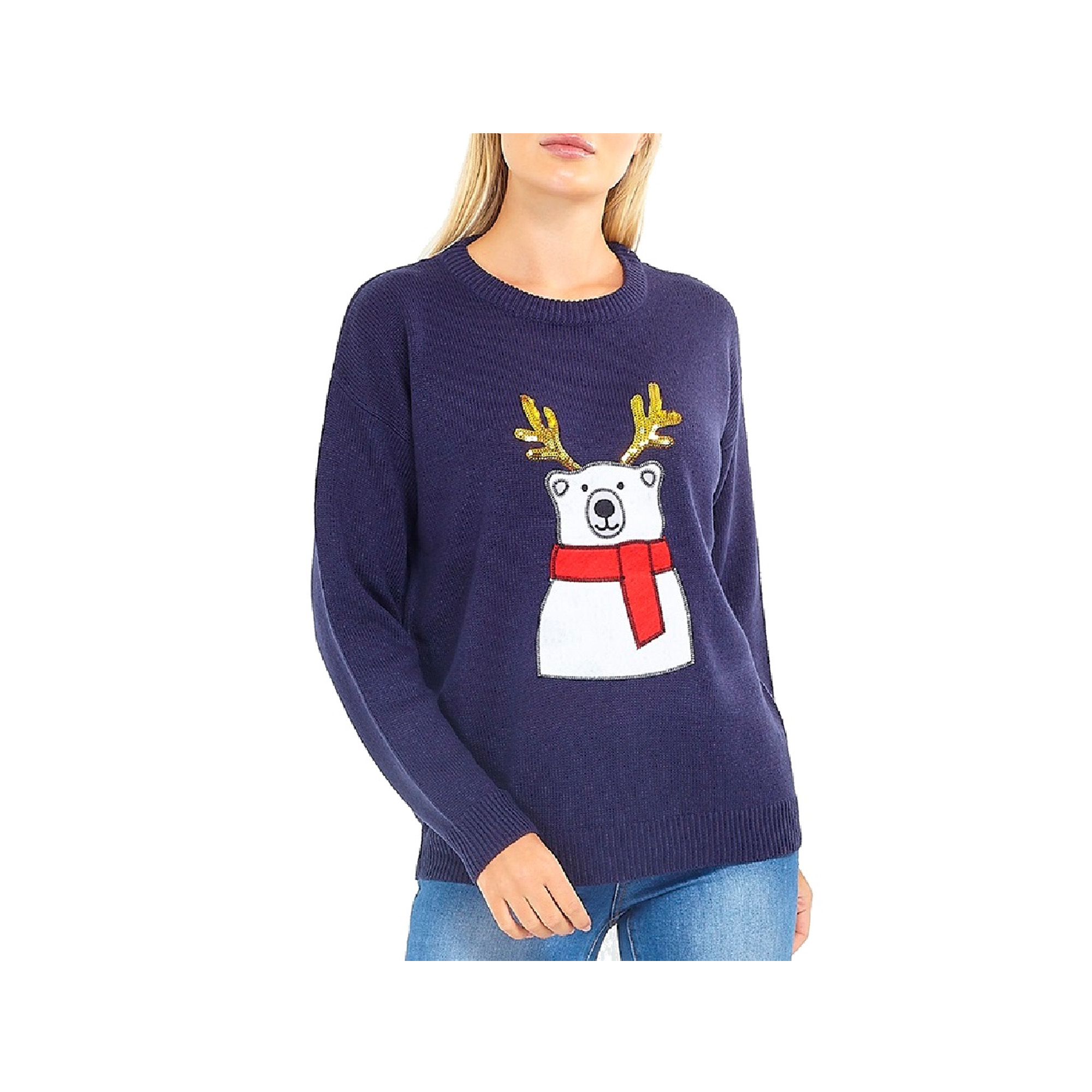 Brave Soul Womens/Ladies Polar Bear Christmas Jumper (XS) (Navy)