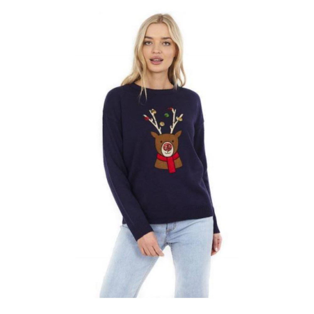 Brave Soul Womens/Ladies Reindeer Christmas Jumper (XS) (Navy)