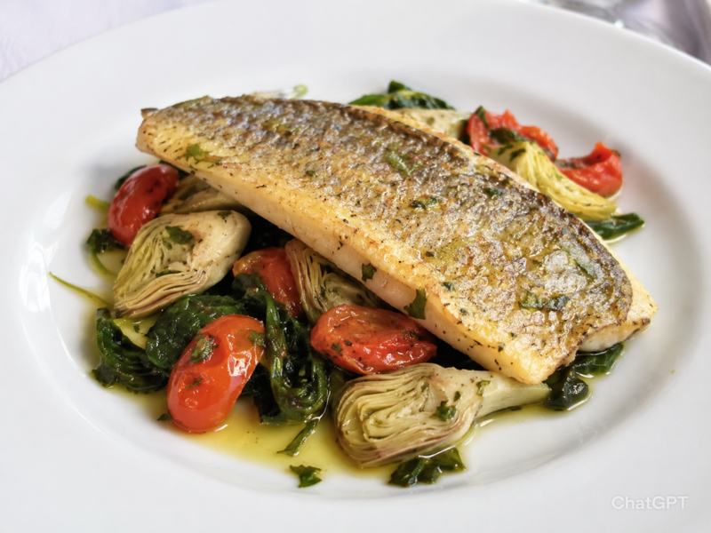 Filetto di orata con carciofi, pomodorini e spinaci