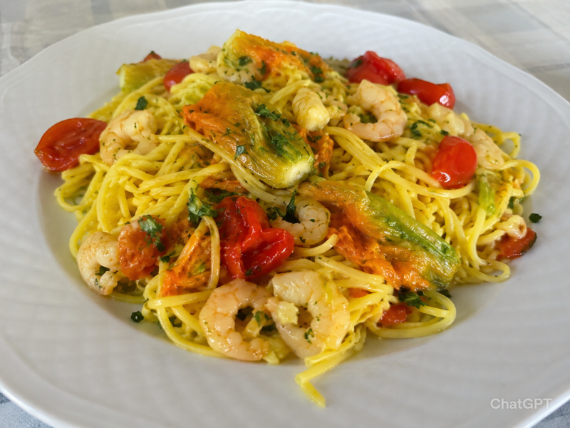 Tagliolini gamberetti,fiori di zucca e pomodorini