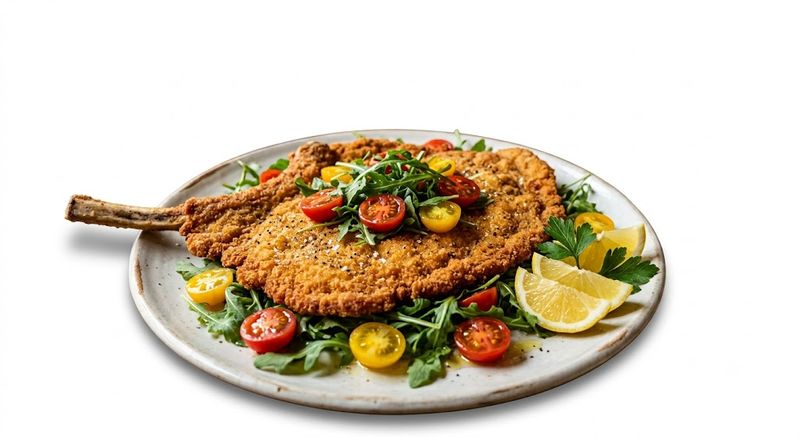 Cotoletta "Orecchio di Elefante" primavera con rucola e pomodorini