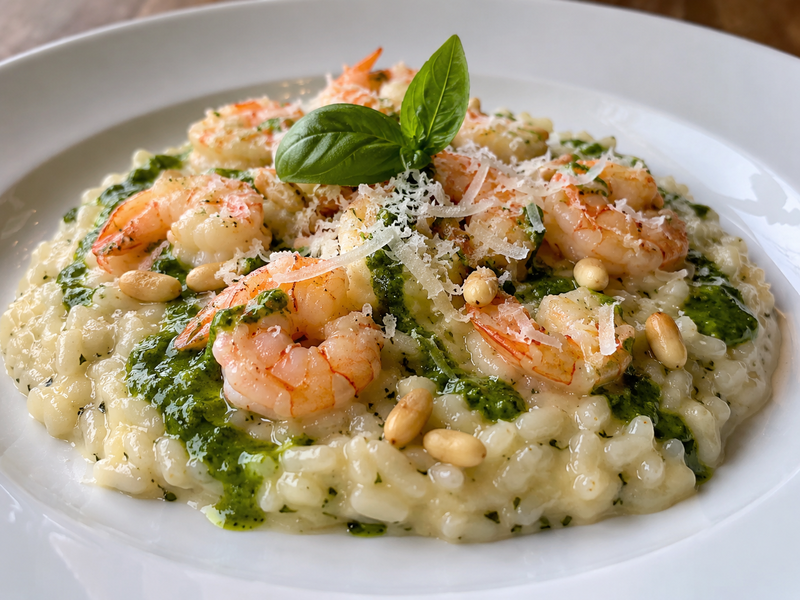 Risotto con gamberetti ed emulsione al basilico, pinoli e pecorino