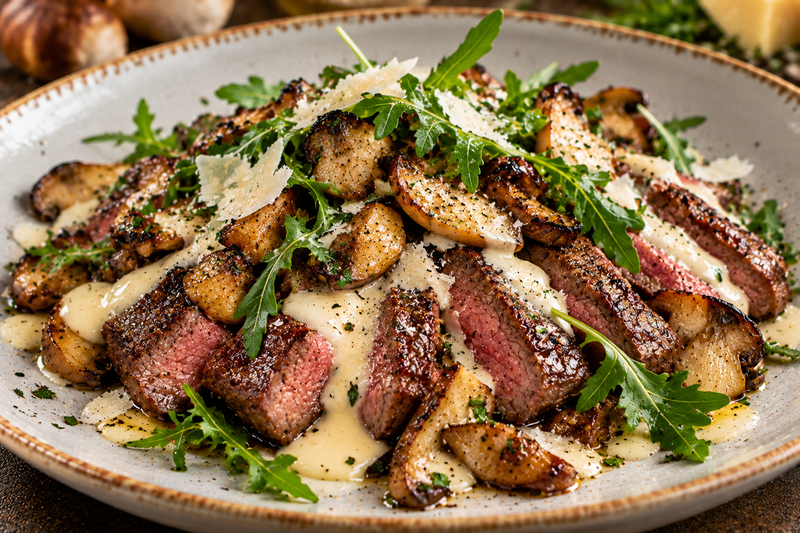 Tagliata di manzo con funghi porcini, rucola e fonduta di parmigiano reggiano