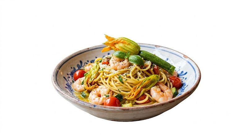 Tagliolini con gamberi e fiori di zucca