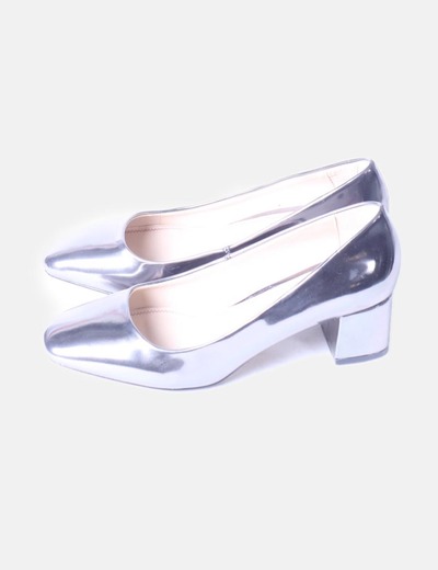 y plateado punta Zara Zapato con redonda tacón ancho ZnBnq7