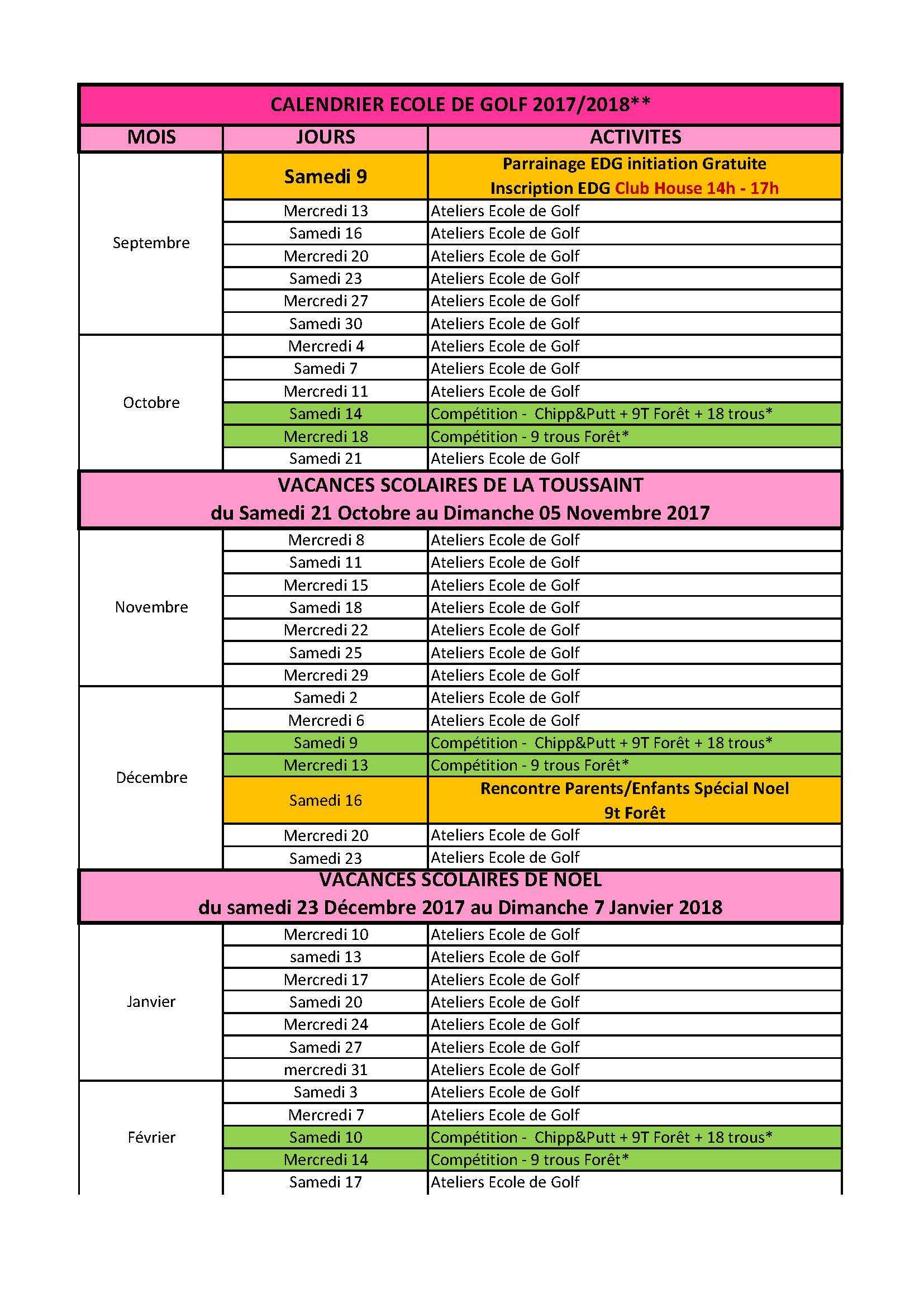 Calendrier Ecole De Golf 2017 2018 002 Page 1