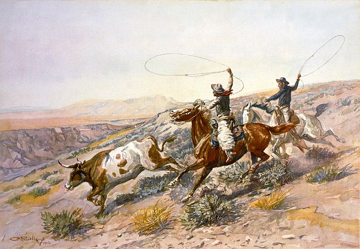 Cowboys lassoing cattle