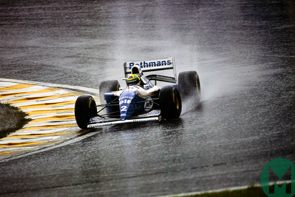 Ayrton Senna drives his Williams-Renault in the rain at the 1994 Brazilian Grand Prix
