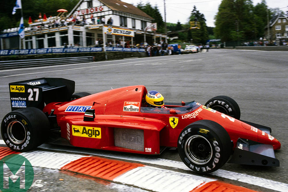 Michele Alboreto of Ferrari rounds the first turn at Spa-Francorchamps Belgium 1986
