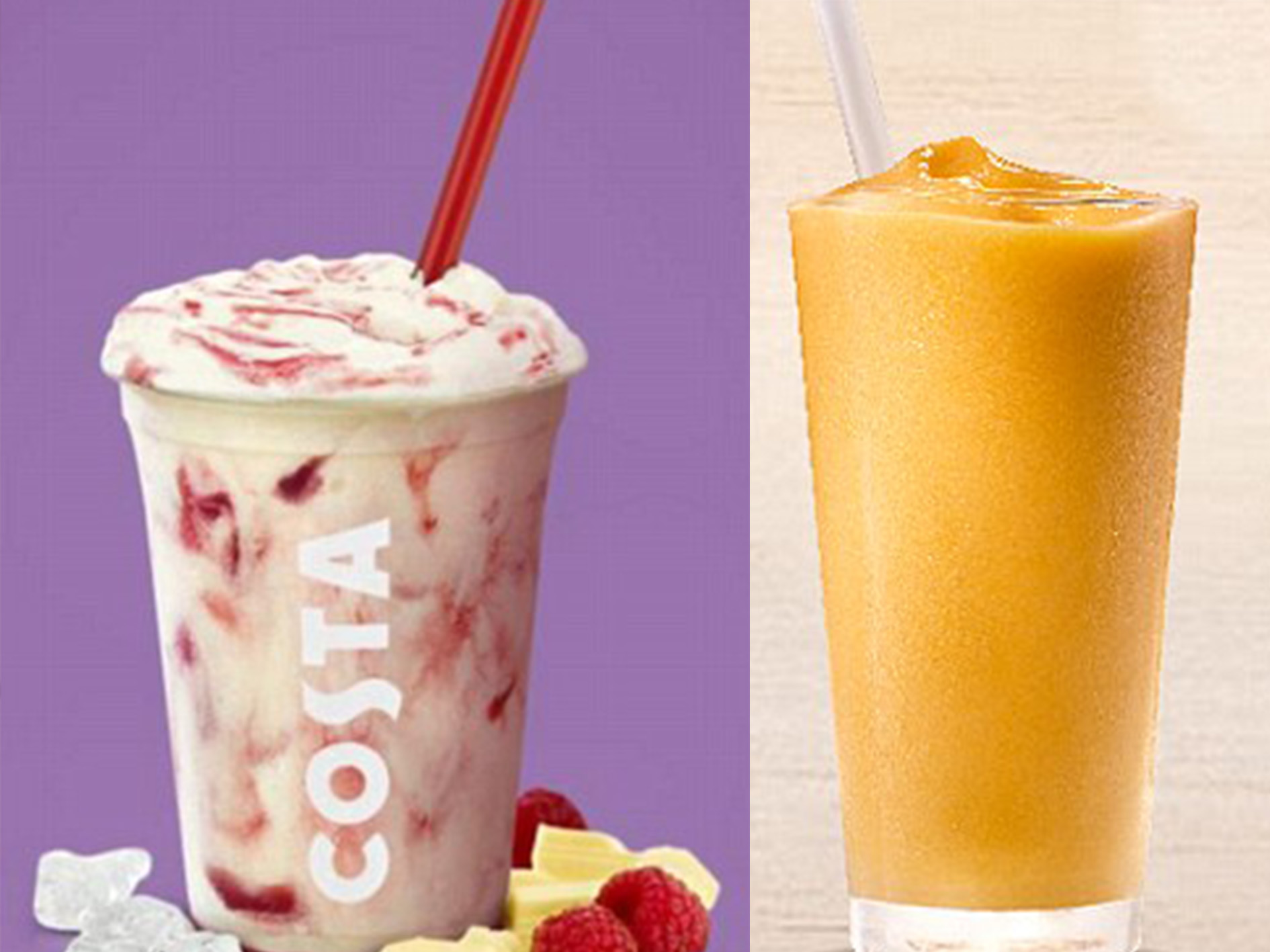 Costa White Chocolate Creamy Cooler and Burger King Tropical Mango Smoothie